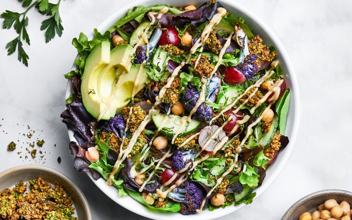 The Falaf salad at Mixt is made with mixed greens, house-baked falafel crumbles, roasted cauliflower, avocado, red flame grapes, cucumbers, chickpeas, fresh herbs and lemon tahini vinaigrette.