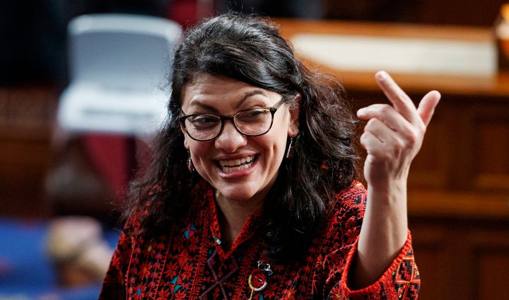 Rashida Tlaib (D-Mich.) on the House floor on Jan. 3, before being sworn in as a representative. That evening, referring to President Donald Trump, she told a crowd of supporters, “We’re going to impeach the motherf**ker.”