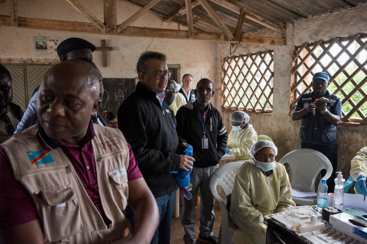 WHO Director-General Tedros Adhanom Ghebreyesus (center) visits a WHO Ebola vaccination team in Butembo on Jan. 1, 2019.