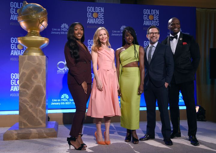 Golden Globe Ambassador Isan Elba, daughter of actor Idris Elba, from left, Leslie Mann, Danai Gurira, Christian Slater and Terry Crews pose following the nominations for the 76th Annual Golden Globe Awards at the Beverly Hilton hotel on Thursday, Dec. 6, 2018, in Beverly Hills, Calif