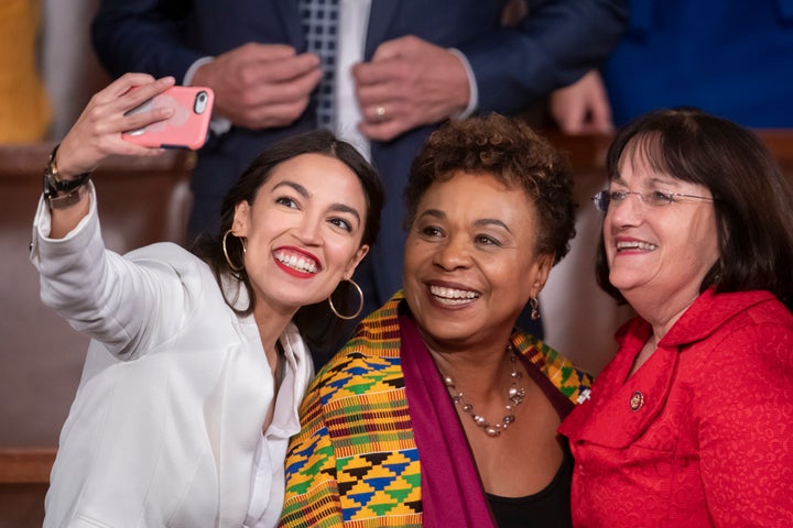 Rep. Alexandria Ocasio-Cortez (D-N.Y.) takes a selfie with Rep. Ann McLane Kuster (D-N.H.) and Rep. Barbara Lee (D-Calif.) on the first day of the 116th Congress.