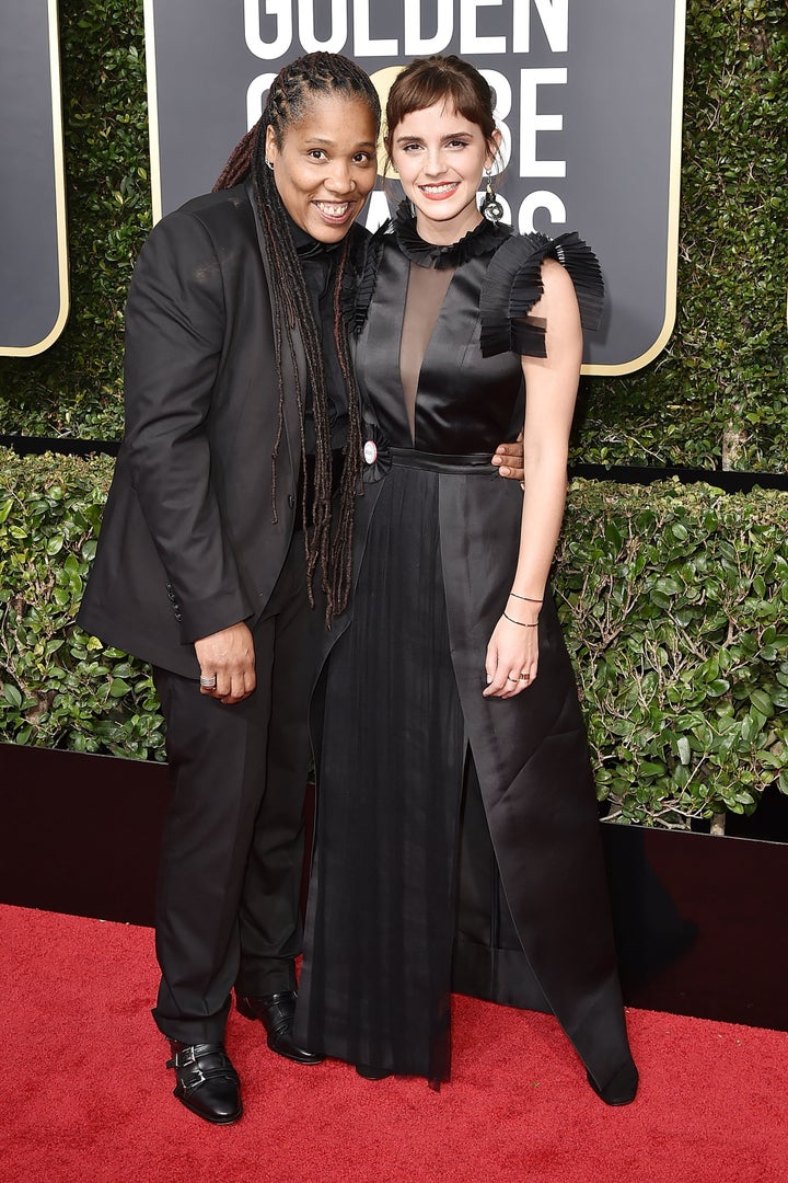 Emma Watson and activist Marai Larasi at last year's Golden Globes