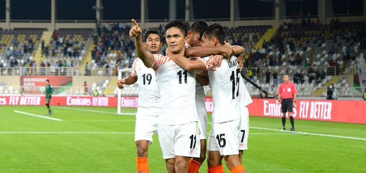 Sunil Chhetri after striking a goal at the AFC Asian Cup Tournament