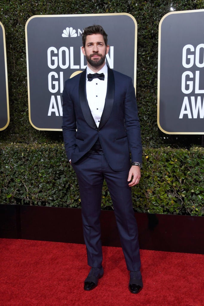 Krasinski sported a dark blue tuxedo.