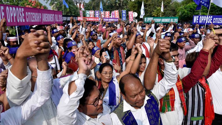 Activists of NESO under the aegis of AASU holding a protest in Assam to register their protest against the Citizenship (Amendment) Bill, 2016.