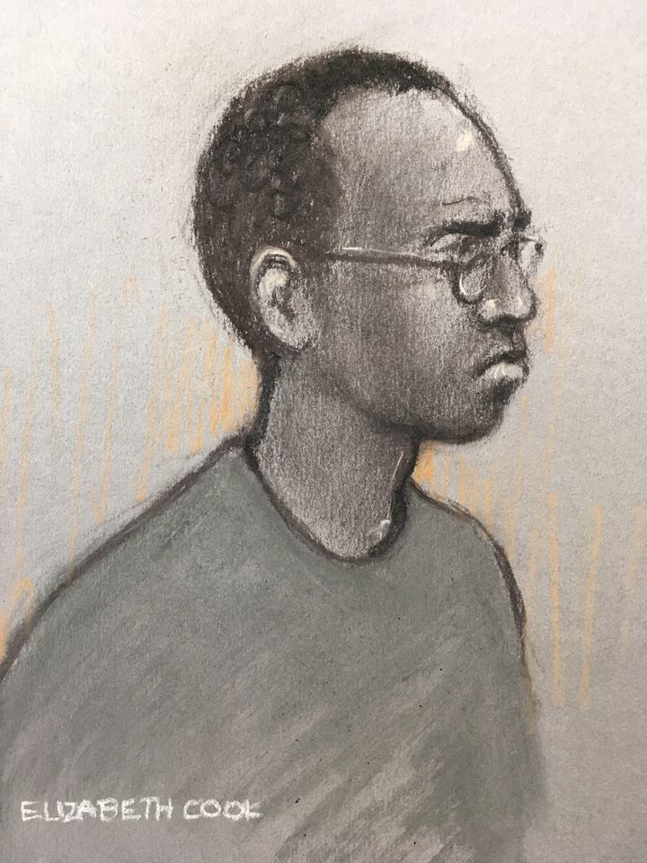 Court artist sketch by Elizabeth Cook of Darren Shane Pencille appearing at Staines Magistrates’ Court where he is charged with the murder of Lee Pomeroy on a London-bound train. 