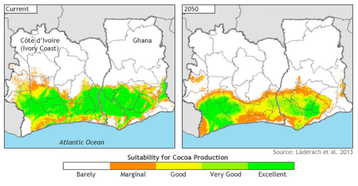 O mapa da esquerda mostra como as terras de Costa do Marfim e Gana estavam boas para o cultivo do cacau em 2013. A previsão da esquerda é para 2050.