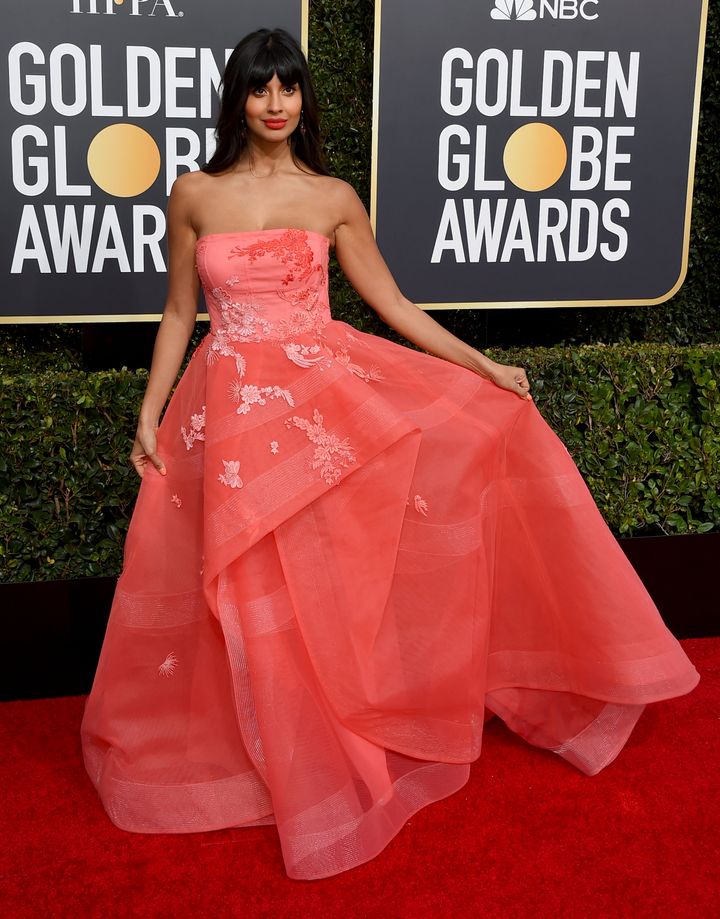 Jameela Jamil arrives at the 76th annual Golden Globe Awards on Sunday, Jan. 6, 2019, in Beverly Hills. 