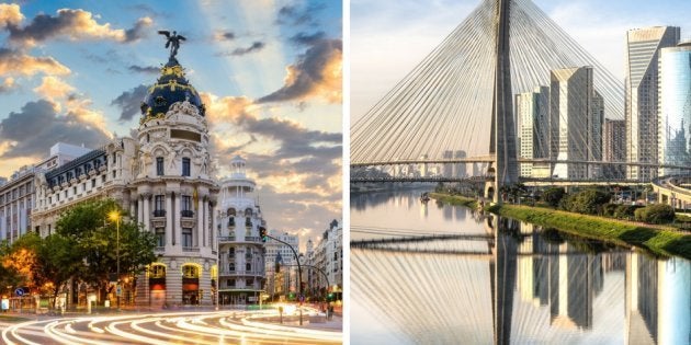 À esqueda, está a Gran Via de Madrid, principal avenida da capital espanhola. À direita, a Ponte Estaiada, um dos símbolos de São Paulo.