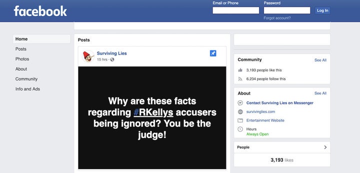 A post at the top of the page attempted to discredit Kelly's accusers.