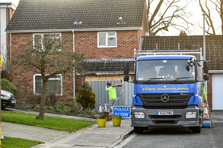 A lorry carrying scaffolding parked outside the home of former Russian spy Sergei Skripal in Salisbury, which is to be dismantled as decontamination work continues.