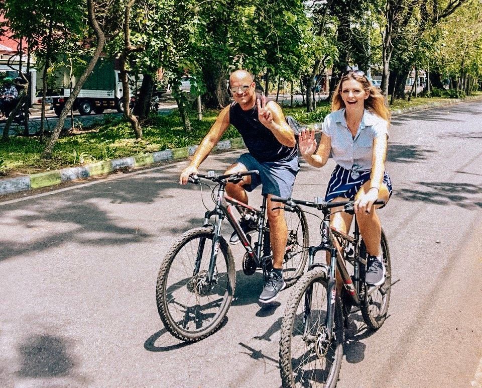 Kashlee and her husband, Trevor, biking through Malang, Indonesia, in November. 