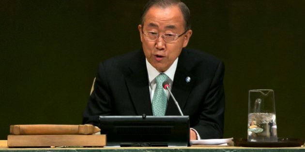 United Nations Secretary-General Ban Ki-moon addresses the Climate Change Summit, at U.N. headquarters, Tuesday, Sept. 23, 2014. (AP Photo/Richard Drew)