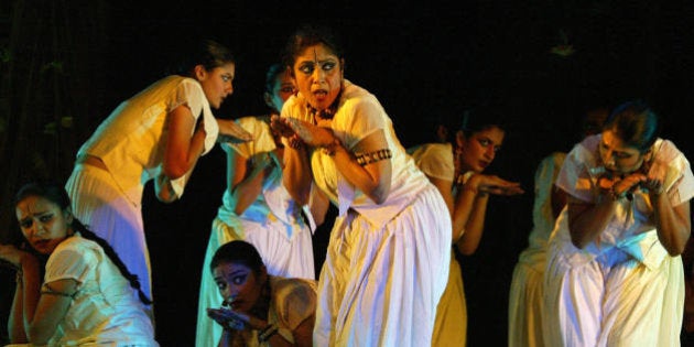 Indian Bharatanatyam dancer Ananda Shankar Jayant (C) and her disciples perform 'Panchatantra' - Dancing Tales - in Hyderabad on June 13, 2008. The Dancing Tales-Panchatantra is an enchanted emerald forest. AFP PHOTO / Noah SEELAM (Photo credit should read NOAH SEELAM/AFP/Getty Images)