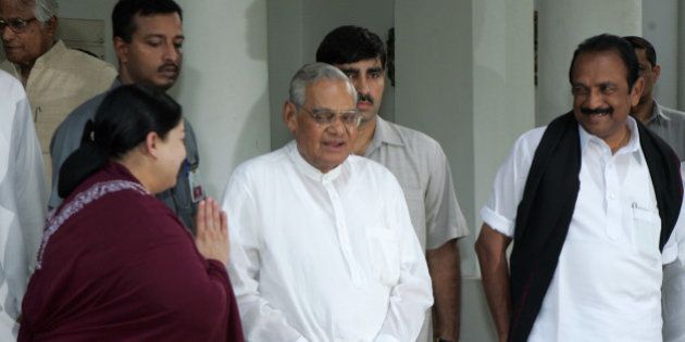 India's main opposition National Democratic Alliance (NDA) and United National Progressive Alliance (UNPA) leaders J. Jayalalitha of the AIADMK, left, Atal Bihari Vajpayee of the BJP, center, and Vaiko of the MDMK, look on after a meeting in New Delhi, India, Friday, June 22, 2007. President APJ Abdul Kalam has decided not to contest the presidential election, TDP leader Rammohan Rao said Friday, according to a news agency. The NDA and UNPA have been making efforts to field Kalam as their presidential candidate. (AP Photo/Gurinder Osan)
