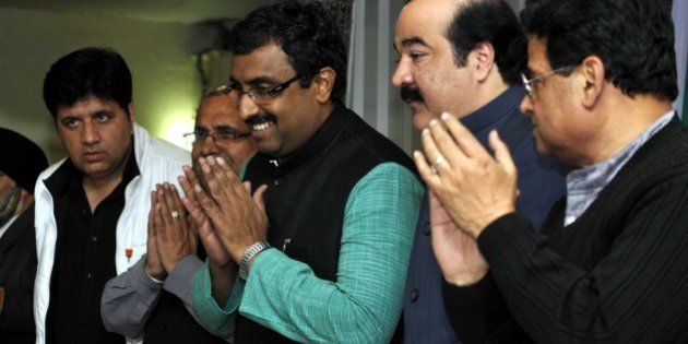 JAMMU, INDIA - DECEMBER 5: BJP general secretary Ram Madhav during a press conference of BJP vision seminar, on December 05, 2014 in Jammu, India. Madhav refuted reports claiming the BJP would join hands for a post-poll alliance with the ruling National Conference (NC) for government formation. (Photo by Nitin Kanotra/Hindustan Times via Getty Images)