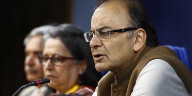 NEW DELHI, INDIA - DECEMBER 7: Union Finance Minister Arun Jaitley during a press conference after the first round of meetings with Chief Ministers on plan panel revamp at Shastri Bhawan, on December 7, 2014 in New Delhi, India. Jaitley said most chief ministers have favoured an alternative structure that would replace the Planning Commission, in which states would have more participation. (Photo by Arvind Yadav/Hindustan Times via Getty Images)