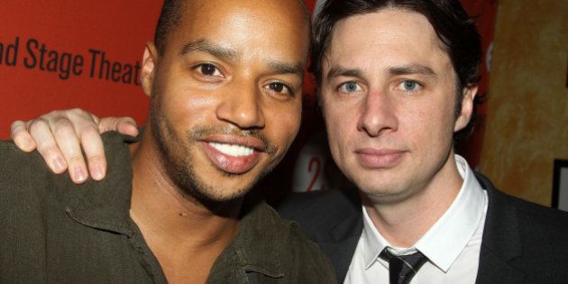 NEW YORK - AUGUST 12: Donald Faison (L) and Zach Braff (costars of 'Scrubs') pose at the 'Trust' Off-Broadway opening night after party at Trattoria Dopo Teatro on August 12, 2010 in New York City. (Photo by Bruce Glikas/FilmMagic)