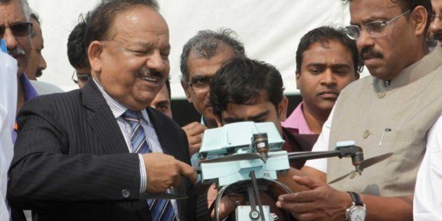 MUMBAI, INDIA - JANUARY 3: Union Minister for Science and Technology, Dr. Harsh Vardhan during the 102nd Indian Science Congress exhibition being held at Bandra-Kurla Complex on January 3, 2015 in Mumbai, India. The 102nd Indian Science Congress 2015 in association with the University of Mumbai looks forward to powering possibilities for the future of advanced safety, healthcare, agriculture, environment, education, industries and entrepreneurs. A list of programmes scheduled for the three days from 3 to 7 January 2015. (Photo by Kalpak Pathak/Hindustan Times via Getty Images)