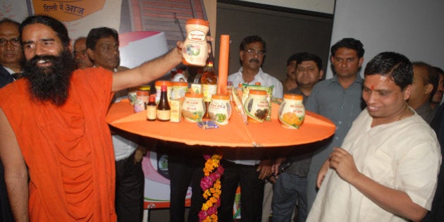 NEW DELHI, INDIA - MARCH 01: Baba Ramdev announcing the availability of Patanjali Ayurveda Products in open market through one lac Swadeshi Kendras, at a press conference, at Constitution club in New delhi on Thursday, 01 March, 2012. (Photo by Parveen Negi/India Today Group/Getty Images)