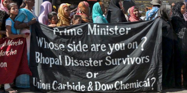 Members of various organizations representing victims of the Bhopal gas leak participate in a rally on the 30th anniversary of the Bhopal gas tragedy in Bhopal, India, Wednesday, Dec. 3, 2014. Hundreds of survivors of the Bhopal gas leak took to the streets Wednesday to mark the anniversary of the world's worst industrial disaster, with protests demanding harsher punishments for those responsible and more compensation for the victims of the tragedy. On the morning of Dec. 3, 1984, a pesticide plant run by Union Carbide leaked about 40 tons of deadly methyl isocyanate gas into the air of the central Indian city, quickly killing about 4,000 people. (AP Photo)