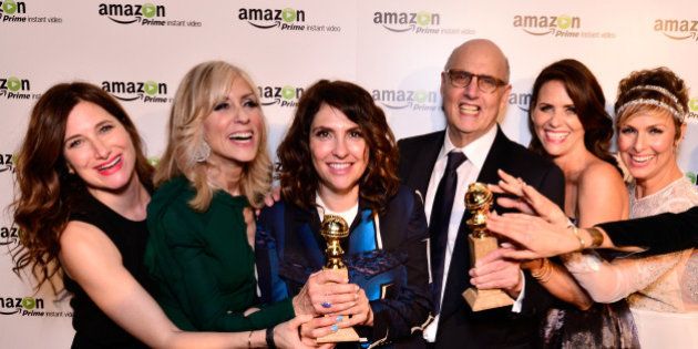WEST HOLLYWOOD, CA - JANUARY 11: (L-R) Actress Kathryn Hahn, actress Judith Light, show creator/director Jill Soloway, actor Jeffrey Tambor, actress Amy Landecker, and actress Melora Hardin attend the 'Transparent' Cast and Crew Golden Globes Viewing Party at The London West Hollywood on January 11, 2015 in West Hollywood, California. (Photo by Jerod Harris/Getty Images for Amazon Studios)