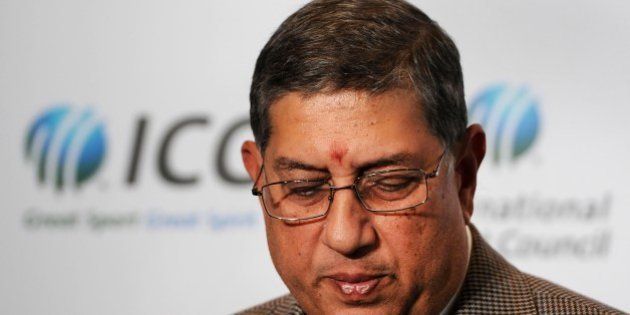 Newly elected International Cricket Council (ICC) chairman Narayanaswami Srinivasan of India is pictured as he speaks to the media during the ICC Annual Conference at the Melbourne Cricket Ground (MCG) on June 26, 2014. The powerful 69-year-old industrialist N. Srinivasan was elected despite being suspended by India's Supreme Court as the country's cricket chief after being named in a damning report into corruption allegations in the Indian Premier League. AFP PHOTO / MAL FAIRCLOUGH IMAGE RESTRICTED TO EDITORIAL USE - STRICTLY NO COMMERCIAL USE (Photo credit should read MAL FAIRCLOUGH/AFP/Getty Images)