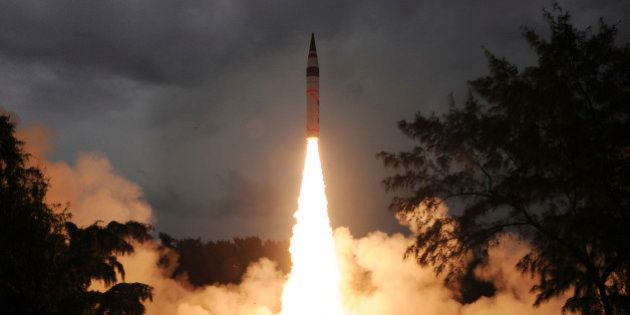 In this photo released by India's Defence Research and Development Organisation (DRDO), Indiaâs nuclear-capable missile Agni-V is test fired in Wheelarâs Island, off the coast of Odisha, India, Sunday, Sept. 15, 2013. India on Sunday successfully test-fired for the second time the missile that can strike the major Chinese cities of Beijing and Shanghai, officials said. Ravi Gupta, a spokesman for the Defence Research and Development Organisation, said the latest test of the the missile a step closer to being inducted into India's arsenal at some point in 2014 or 2015. (AP Photo/DRDO)