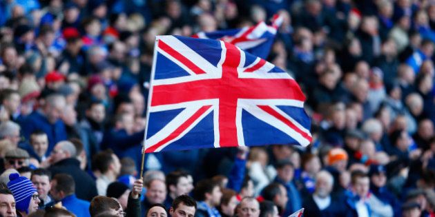 GLASGOW, SCOTLAND - FEBRUARY 01: Fans fly a Union Jack flag during the Scottish League Cup Semi-Final between Celtic and Rangers at Hampden Park on February 1, 2015 in Glasgow, Scotland. (Photo by Julian Finney/Getty Images)