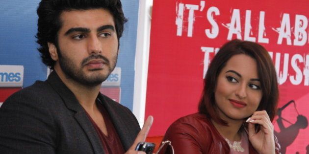 NEW DELHI, INDIA - JANUARY 5: Bollywood actors Arjun Kapoor and Sonakshi Sinha during an exclusive interview for their upcoming movie Tevar at HT Media Office on January 05, 2015, New Delhi, India. (Photo by Waseem Gashroo/Hindustan Times via Getty Images)