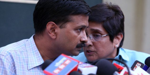 NEW DELHI, INDIA - APRIL 21: Civil society activists Arvind Kejriwal, a member of Lokpal Bill drafting committee, and Kiran Bedi during a press conference in New Delhi on Thursday. (Photo by Parveen Negi/India Today Group/Getty Images)