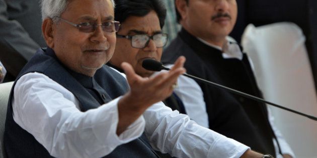 NEW DELHI, INDIA DECEMBER 04: Nitish Kumar during a press conference after meeting at Mulayam Singhs house in New Delhi.(Photo by Qamar Sibtain/India Today Group/Getty Images)