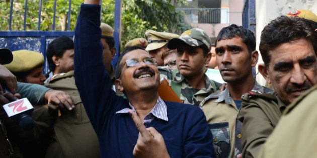 NEW DELHI, INDIA FEBRUARY 8: Arvind Kejriwal after casting the vote in New Delhi.(Photo by Parveen Negi/India Today Group/Getty Images)