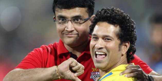 MUMBAI, INDIA - DECEMBER 20: Indian former cricketers and co-owners of Kerala Blasters, and co-owner of Atletico de Kolkata Sachin Tendulkar and Sourav Ganguly during a closing ceremony of ISL at DY Patil Stadium on December 20, 2014 in Mumbai, India. (Photo by Satish Bate/Hindustan Times via Getty Images)