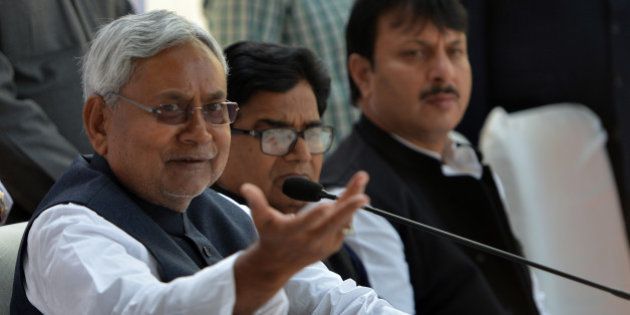 NEW DELHI, INDIA DECEMBER 04: Nitish Kumar during a press conference after meeting at Mulayam Singhs house in New Delhi.(Photo by Qamar Sibtain/India Today Group/Getty Images)