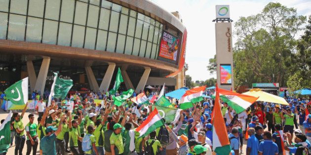 ADELAIDE, AUSTRALIA - FEBRUARY 15: Pakistan and India supporters wave their flags outside of the ground during the 2015 ICC Cricket World Cup match between India and Pakistan at the Adelaide Oval on February 15, 2015 in Adelaide, Australia. (Photo by Scott Barbour/Getty Images)