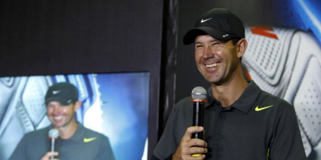 Former Australian cricketer Ricky Ponting smiles as he speaks during the launch of the new range of Nike sports shoes in Bangalore, India, Monday, April 1, 2013. (AP Photo/Aijaz Rahi)