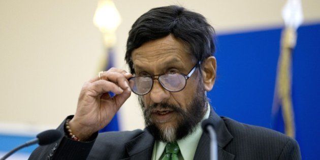 The head of the UN's climate science panel (Intergovernmental Panel on Climate Change - IPCC) Rajendra Pachauri speaks during a climate conference in Paris on November 5, 2014. AFP PHOTO / KENZO TRIBOUILLARD (Photo credit should read KENZO TRIBOUILLARD/AFP/Getty Images)