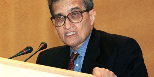 Nobel Laureate for Economics 1998, Indian Professor Amartya Sen addresses the 52nd World Health Assembly in Geneva, Switzerland on Tuesday, May 18, 1999. Sen stressed that the increased emphasis in the organization of seeing health as playing a central part in a wider development agenda. (AP Photo/Donald Stampfli)