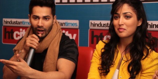 NEW DELHI, INDIA - FEBRUARY 2: Bollywood actors Varun Dhawan and Yami Gautam during an exclusive interview for their upcoming movie Badlapur at HT Media Office on February 2, 2015, New Delhi, India. (Photo by Shivam Saxena/Hindustan Times via Getty Images)