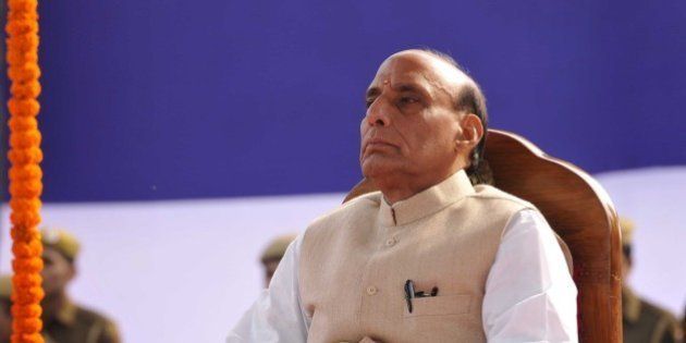 NEW DELHI, INDIA - FEBRUARY 16: Union Home Minister Rajnath Singh as the Chief Guest, during the Raising Day Parade organized by Delhi Police, at New Police Lines, Kingsway Camp, on February 16, 2015 in New Delhi, India. (Photo by Saumya Khandelwal/Hindustan Times via Getty Images)