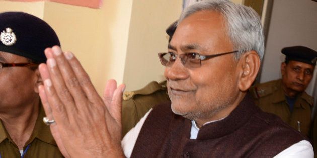 PATNA, INDIA - FEBRUARY 20: JD (U) senior leader Nitish Kumar after Jitan Ram Manjhi resigned as Bihar Chief Minister on February 20, 2015 in Patna, India. Former chief minister of Bihar Nitish Kumar will get back the reins of Bihar on February 22 capping a fortnight-long political drama which ended in an anti-climax with rebel JD(U) leader Jitan Ram Manjhi resigning as chief minister shortly before the floor test sensing imminent defeat. (Photo by Arun Abhi Abhi/Hindustan Times via Getty Images)