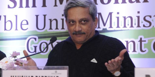 NEW DELHI, INDIA - JANUARY 5: Defence Minister Manohar Parrikar addressing the 7th International Conference on Aerospace, Defence & Homeland Security on January 5, 2015 in New Delhi, India. Indian Defence Minister Parrikar said that circumstantial evidence points that occupants of Pakistani boat which sank after being intercepted near the India- Pakistan maritime boundary, were suspected terrorists not smugglers. (Photo by Sushil Kumar/Hindustan Times via Getty Images)