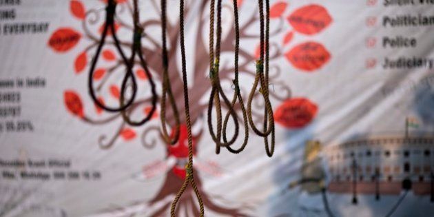 Hanging ropes are displayed as part of an installation seeking death penalty for rapists on the second anniversary of the deadly gang rape of a student on a bus, in New Delhi, India, Tuesday, Dec. 16, 2014. The case sparked public outrage and helped make womenâs safety a common topic of conversation in a country where rape is often viewed as a womanâs personal shame to bear. (AP Photo/Saurabh Das)