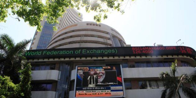 MUMBAI, INDIA - MAY 13: Bombay stock exchange on May 13, 2014 in Mumbai, India. The Sensex hit a record high of 24,068.94, surpassing the psychologically important 24,000 mark for the first time in its history surging after exit polls showed the Bharatiya Janata Party and its allies winning a majority in the elections. (Photo by Anshuman Poyrekar/Hindustan Times via Getty Images)