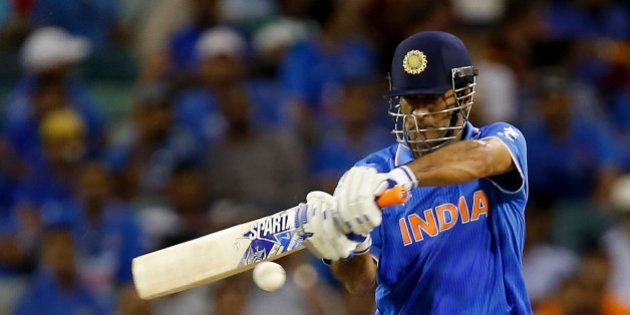 Indian batsman M S Dhoni plays a shot during their Cricket World Cup Pool B match against the West Indies in Perth, Australia, Friday, March 6, 2015. (AP Photo/Theron Kirkman)
