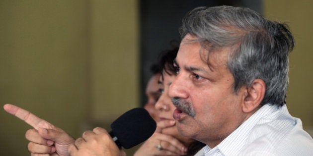 MUMBAI, INDIA - SEPTEMBER 22: AAP leader Mayank Gandhi during the press conference denying the charges of abetting sexual harassment of female volunteer of the party at Press Club on September 22, 2014 in Mumbai, India. A female volunteer of Aam Aadmi Party, who has lodged a sexual harassment case against expelled activist of AAP Tarun Singh asked city police to drop the names of party leader Mayank Gandhi and two others from the FIR even as the probe was transferred to Crime Branch. (Photo by Kunal Patil/Hindustan Times via Getty Images)