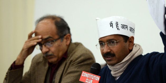 NEW DELHI, INDIA - FEBRUARY 16: AAP convener Arvind Kejriwal with Prashant Bhushan at a press conference in New Delhi on Saturday. (Photo by Parveen Negi/India Today Group/Getty Images)
