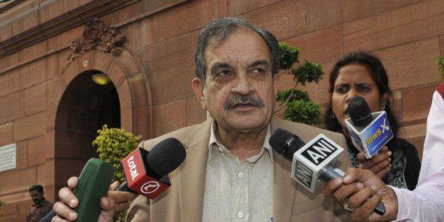 NEW DELHI, INDIA - FEBRUARY 23: Union Minister of Rural Development, Panchayati Raj, Sanitation & Drinking Water Chaudhary Birender Singh talking with media after the Presidential address of both houses on the first day of Budget Session at Parliament House on February 23, 2015 in New Delhi, India. The budget session of the parliament began today and the Union Budget will be presented on February 28. (Photo by Vipin Kumar/Hindustan Times via Getty Images)