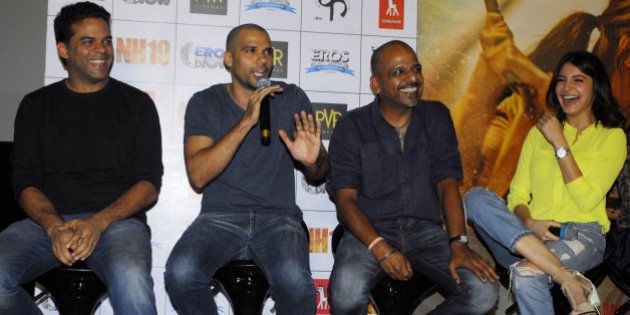 MUMBAI, INDIA - FEBRUARY 5: (L-R) Bollywood filmmaker Vikramaditya Motwane, actor Neil Bhoopalam, filmmaker Navdeep Singh and actor Anushka Sharma during the first trailer launch of upcoming film NH10, at PVR ECX, Andheri on February 5, 2015 in Mumbai, India. Anushka is co-producing the film with Phatom Films. The film is set for release on 6 March. (Photo by Prodip Guha/Hindustan Times via Getty Images)